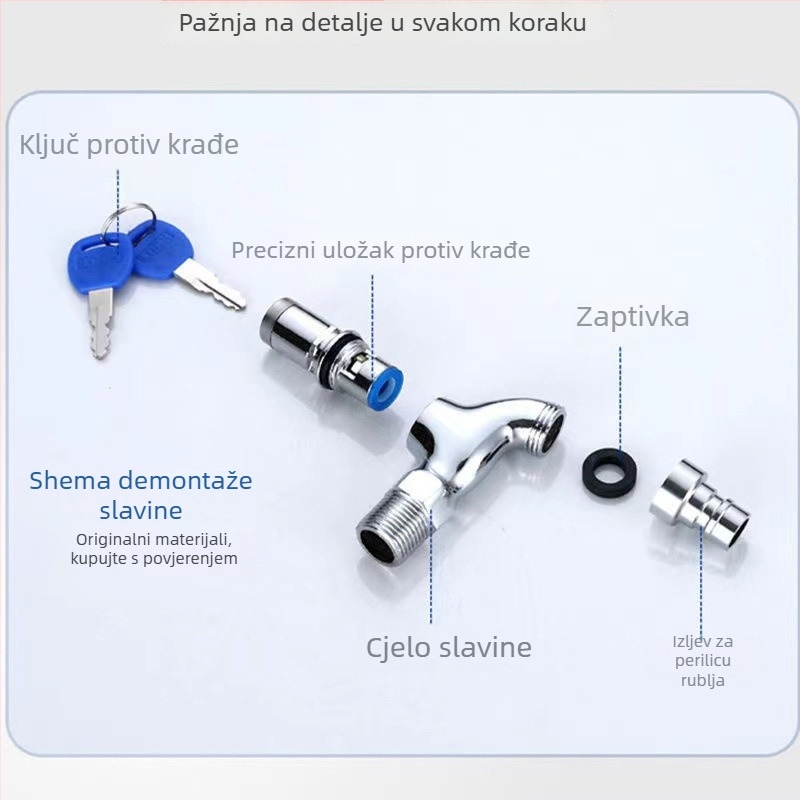 Zidni zaključani slavina za perilicu rublja, brzo otvaranje hladne vode, keramički kartridž, 13 mm ulaz/izlaz, tijelo od cinkove legure, elektroplatirani završetak