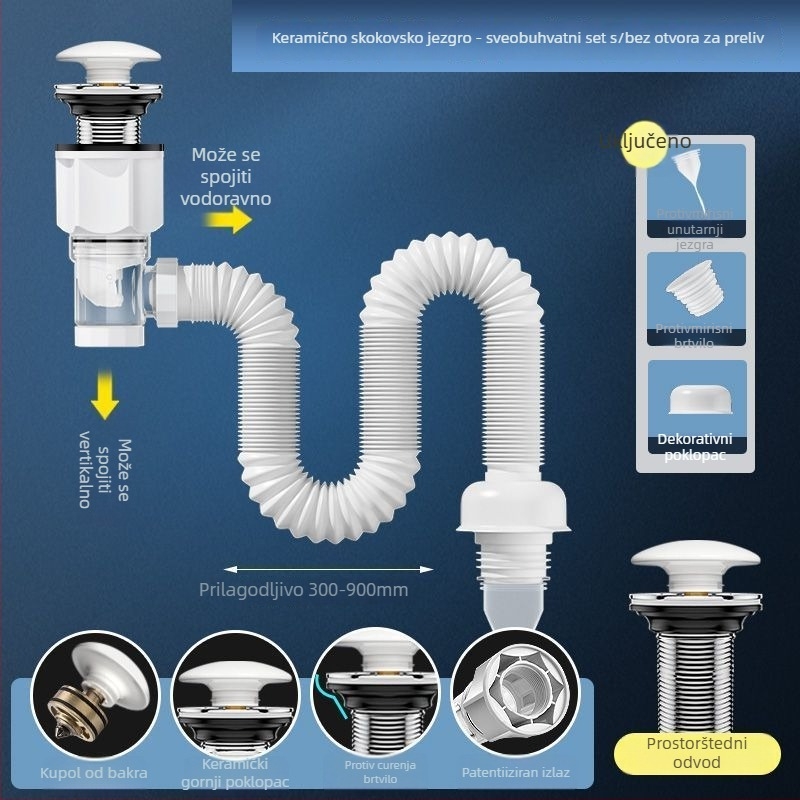 Odvodni priključci za umivaonik – plast PP, S-oblik odvodnje, dodatak za odvod s zaštitom od mirisa i insekata