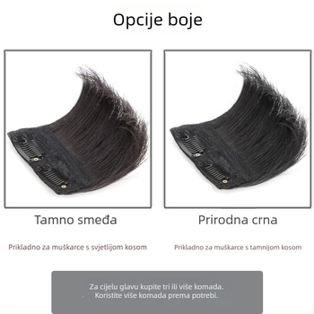 Muški dodatak za kosu od pravih ljudskih vlasi, kratka duljina, ručno tkan, može se bojiti toplim bojama, potpuno vlasi dio za povećanje volumena na tjemenu