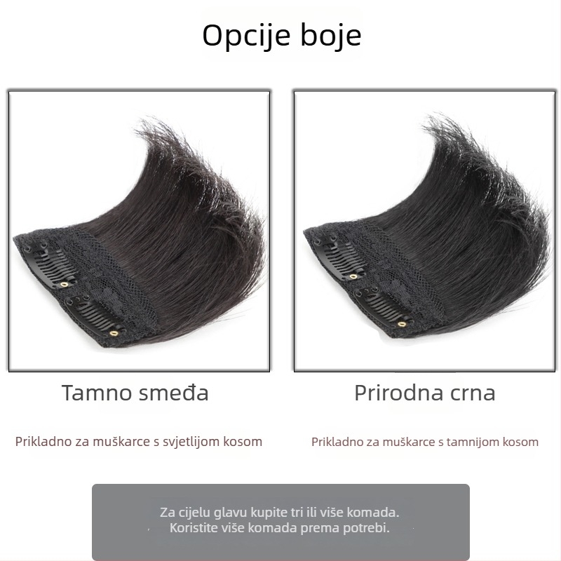 Muški dodatak za kosu od pravih ljudskih vlasi, kratka duljina, ručno tkan, može se bojiti toplim bojama, potpuno vlasi dio za povećanje volumena na tjemenu