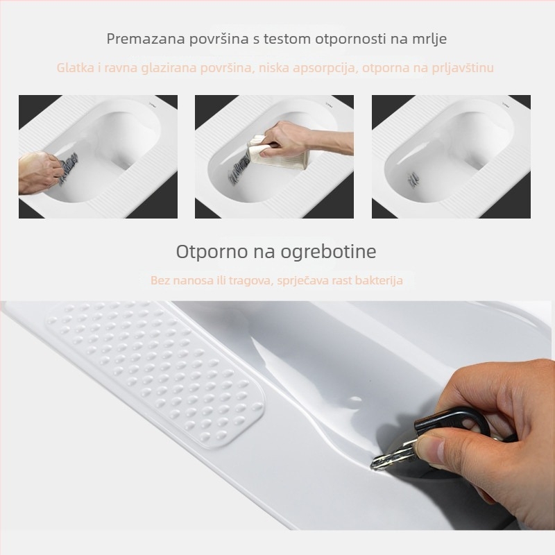 Plastična klozetska školjka za čučnjevanje, bez spremnika vode, bez vodnog trap-a, minimalna udaljenost šahta 60 cm, promjer odvoda 100 cm