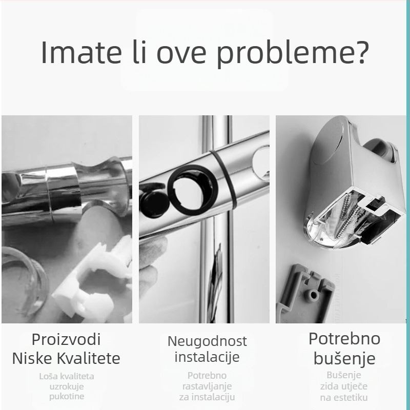 Držač za tuš s prilagodljivim L-oblikom šipke, plastični, montaža bez bušenja, za integrirani tuš