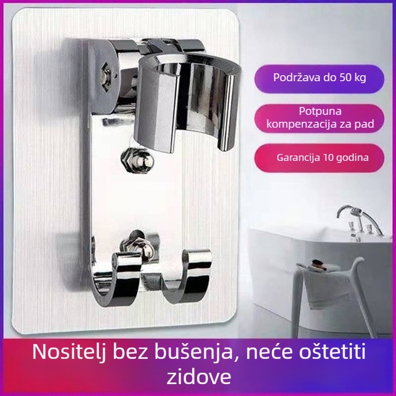 Držač za tuš glavu od svemirskog aluminija, bez bušenja, podesiv kut, pričvršćivanje na zid usisnim držačem