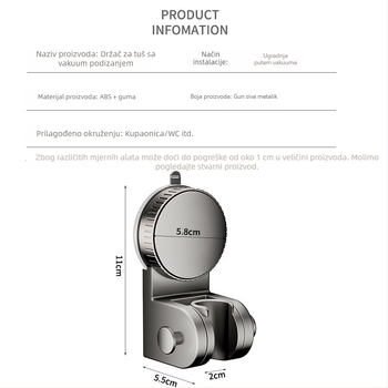 Držač za tuš sa usisnom čašom — zidni, bez bušenja, ABS materijal, pomična kupaonska polica