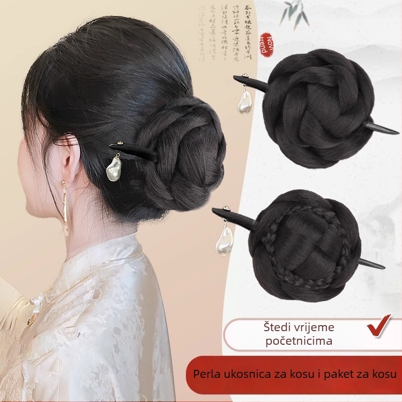 Ženska perika s Meatball bun, straga updo, s torbicom za kosu i ukosnicom, žica otporna na toplinu, nije za bojanje, model: Meatball Head, inspirirano drevnim kineskim stilom