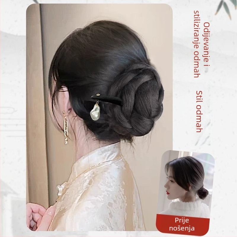 Ženska perika s Meatball bun, straga updo, s torbicom za kosu i ukosnicom, žica otporna na toplinu, nije za bojanje, model: Meatball Head, inspirirano drevnim kineskim stilom