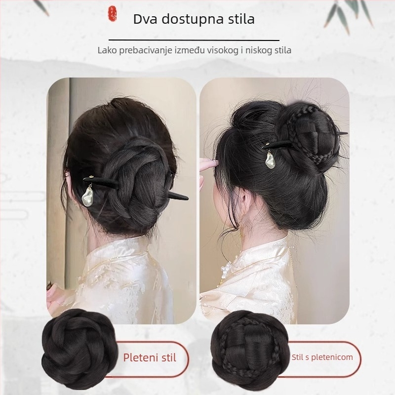 Ženska perika s Meatball bun, straga updo, s torbicom za kosu i ukosnicom, žica otporna na toplinu, nije za bojanje, model: Meatball Head, inspirirano drevnim kineskim stilom