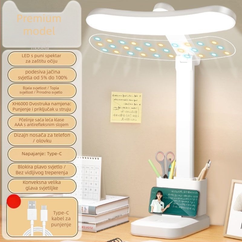 LED stolna lampa s punim spektrom, zakrivljena, zaštita očiju, sklopna, s ugrađenom litijskom baterijom