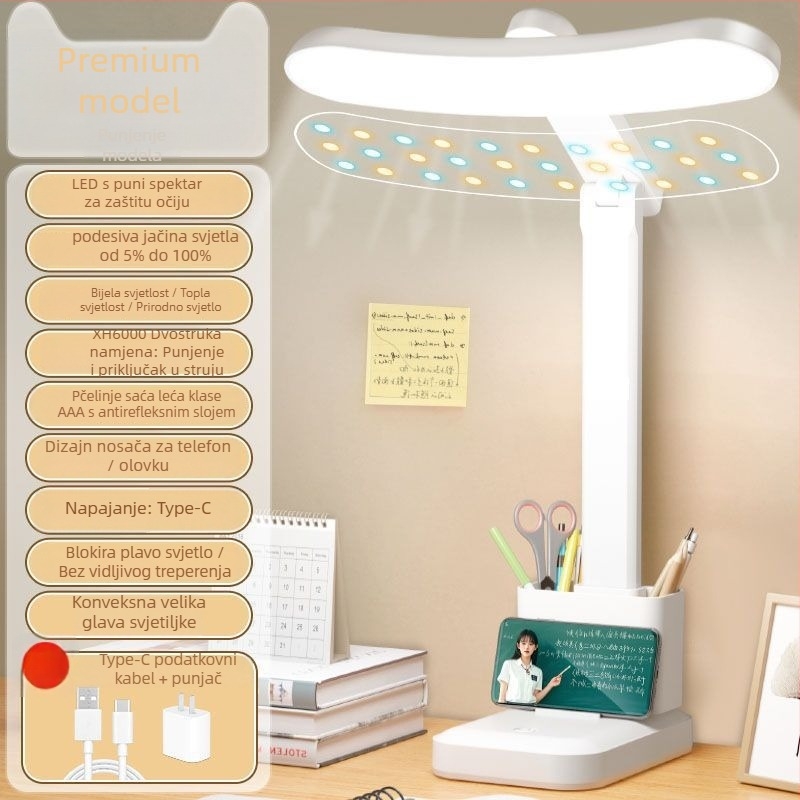 LED stolna lampa s punim spektrom, zakrivljena, zaštita očiju, sklopna, s ugrađenom litijskom baterijom