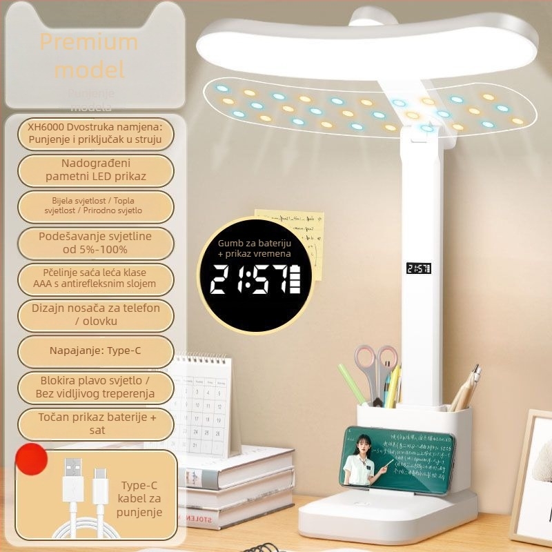 LED stolna lampa s punim spektrom, zakrivljena, zaštita očiju, sklopna, s ugrađenom litijskom baterijom