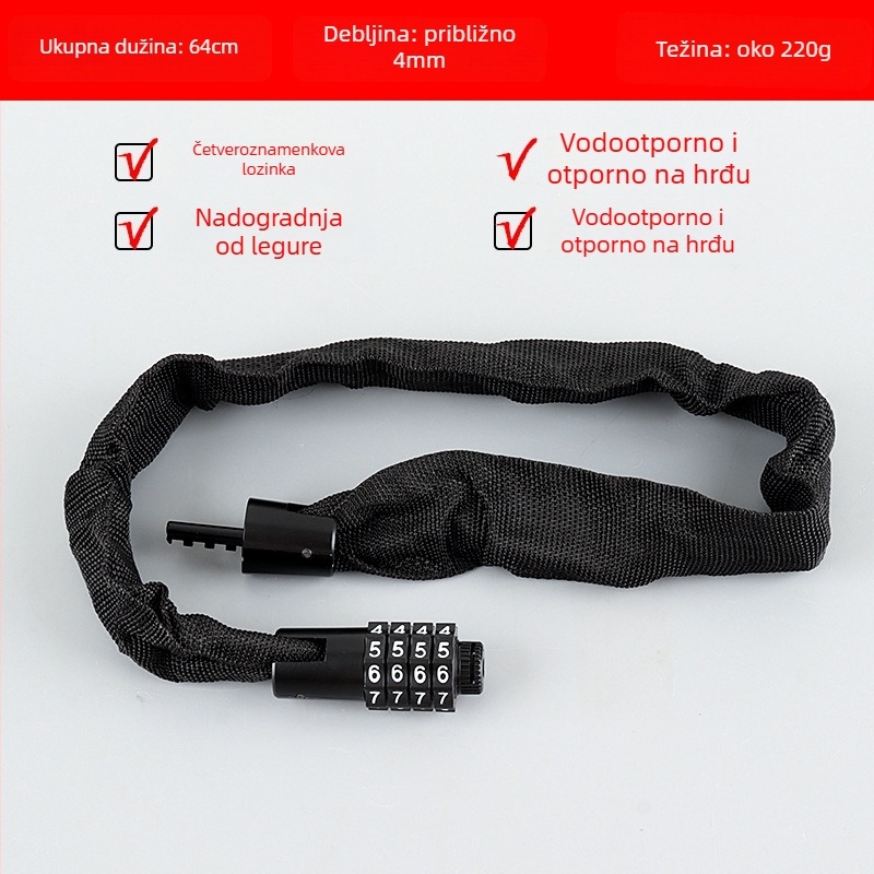 Lančani katanc za bicikl s 4-znamenkim kodom, prijenosni, od legiranog čelika, težina 450 g