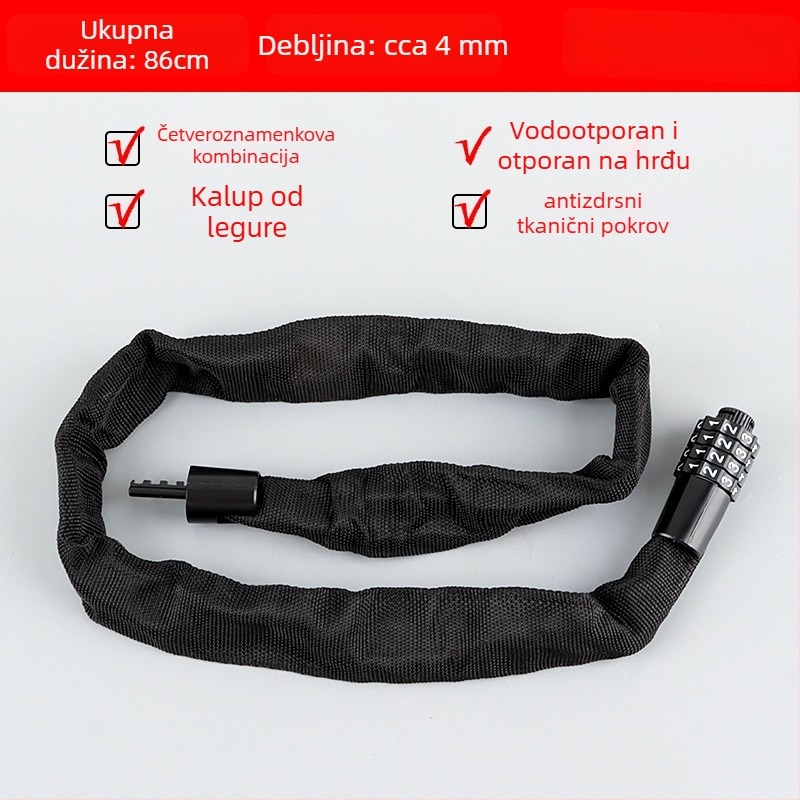 Lančani katanc za bicikl s 4-znamenkim kodom, prijenosni, od legiranog čelika, težina 450 g