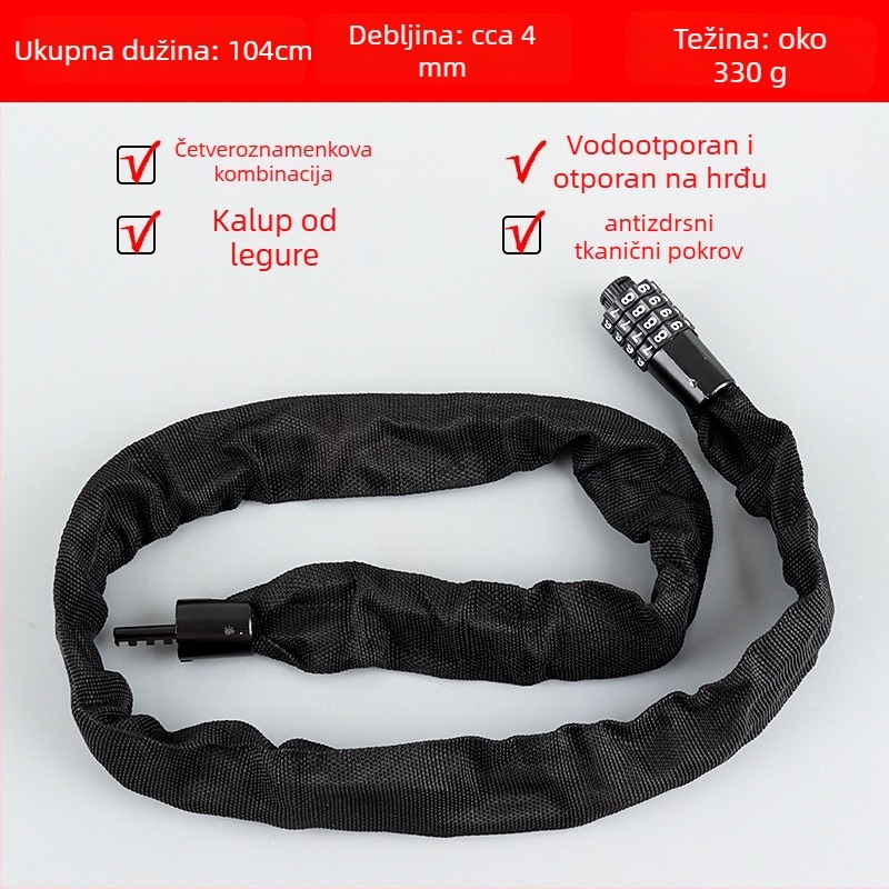 Lančani katanc za bicikl s 4-znamenkim kodom, prijenosni, od legiranog čelika, težina 450 g