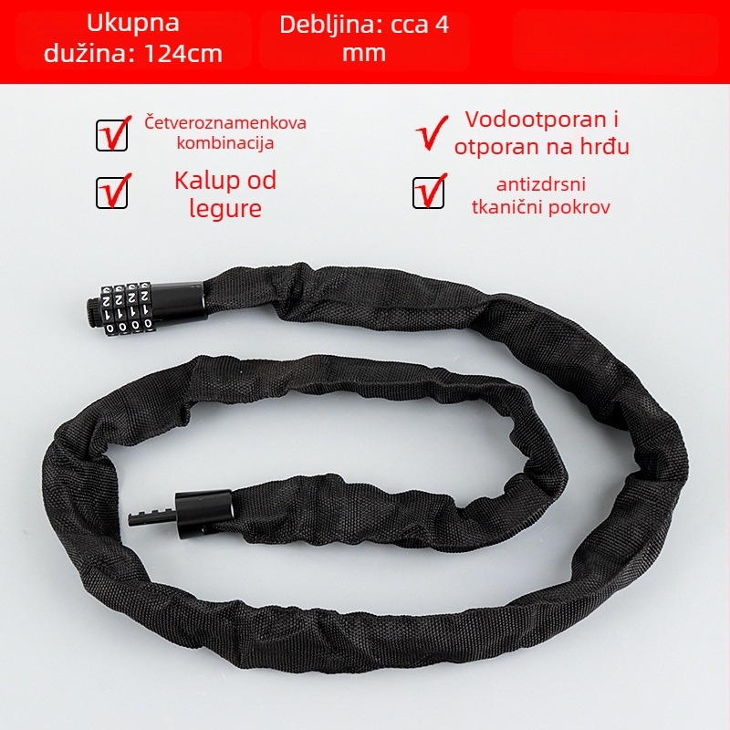 Lančani katanc za bicikl s 4-znamenkim kodom, prijenosni, od legiranog čelika, težina 450 g