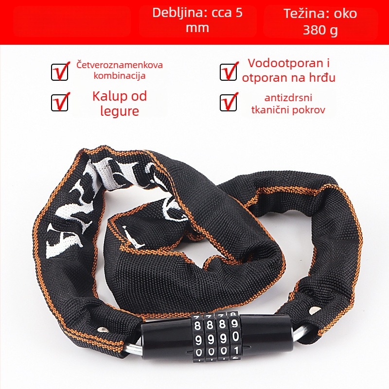 Lančani katanc za bicikl s 4-znamenkim kodom, prijenosni, od legiranog čelika, težina 450 g