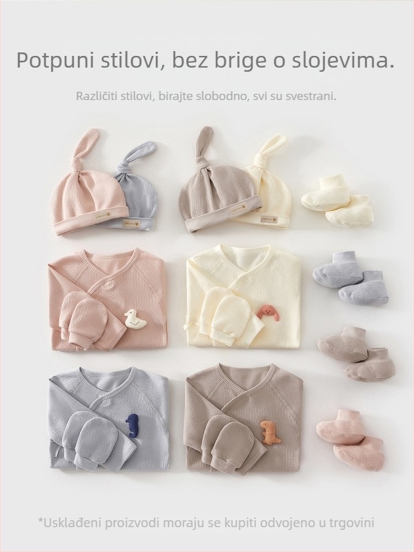 Set odjeće za novorođenče – unisex, pamuk, s kapom, rukavicama i čarapama – 100% pamuk, mekan materijal