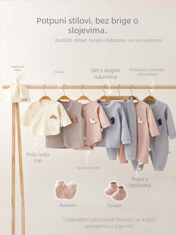 Set odjeće za novorođenče – unisex, pamuk, s kapom, rukavicama i čarapama – 100% pamuk, mekan materijal