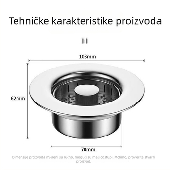 Filtr odvoda kuhinjskog sudopera, pritisknog tipa, od nehrđajućeg čelika 304, s opružnim jezgrom