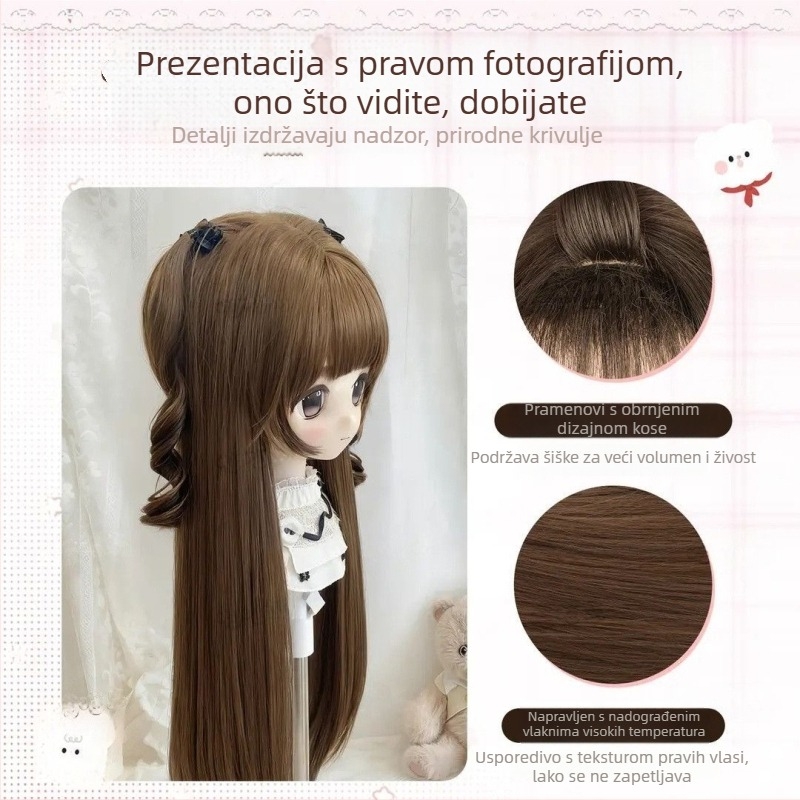 Perika za BJD/Lolita – Duga ravna kosa s šiškama, vlakna otporna na toplinu, korejski stil, mehanizam povećanja volumena