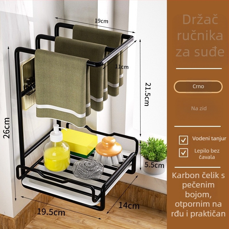 Metalni zidni držač posuđa za kuhinju – bez bušenja, pomični, višenamjenski za odvod i bočno skladištenje pokraj sudopera