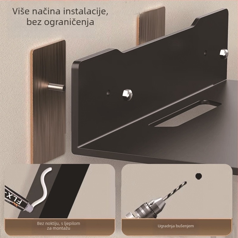 Zidni stalak od ugljičnog čelika za projektor, usmjerivač i kameru – 1 etaža, jednostavan moderan dizajn, montaža bez bušenja (ljepilo)