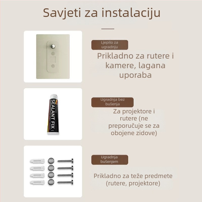 Zidni stalak od ugljičnog čelika za projektor, usmjerivač i kameru – 1 etaža, jednostavan moderan dizajn, montaža bez bušenja (ljepilo)
