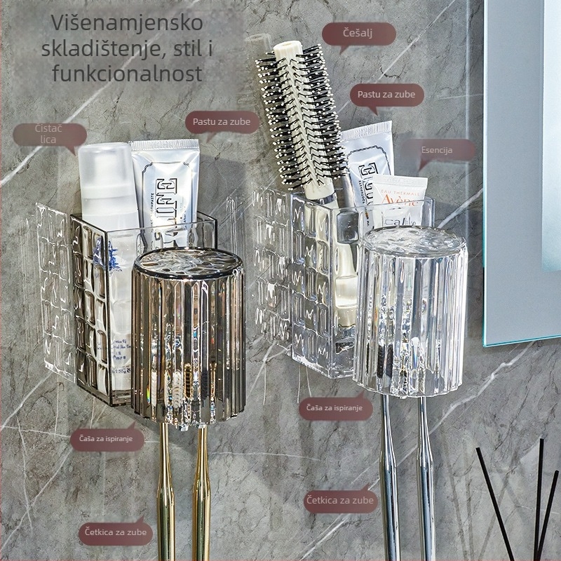 Plastični zidni držač četkica za zube, za pohranu četkica i paste, bez bušenja