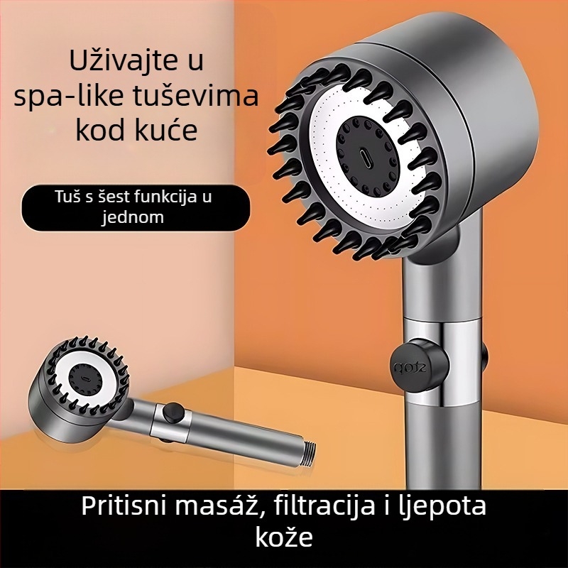 Prijenosna tuš glava s 3 načina prskanja, pojačan pritisak, ABS kružno tijelo, silikon masažna četkica