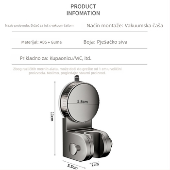 Držač za tuš sa usisnom čašicom — bez bušenja, prilagodljiva osnova za tuš glavu, plastika, model 137