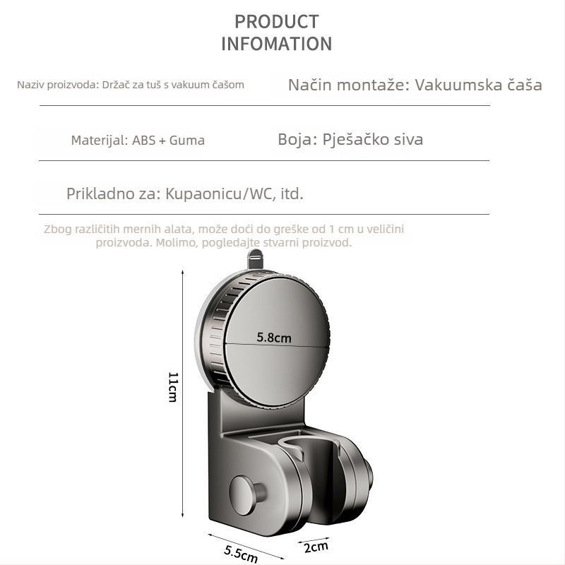 Držač za tuš sa usisnom čašicom — bez bušenja, prilagodljiva osnova za tuš glavu, plastika, model 137