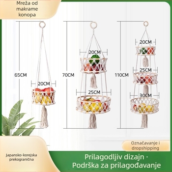 Set od tri košare za voće i povrće, ručno pletene pamukova užad, viseće košare za dnevni boravak – pastoralni stil