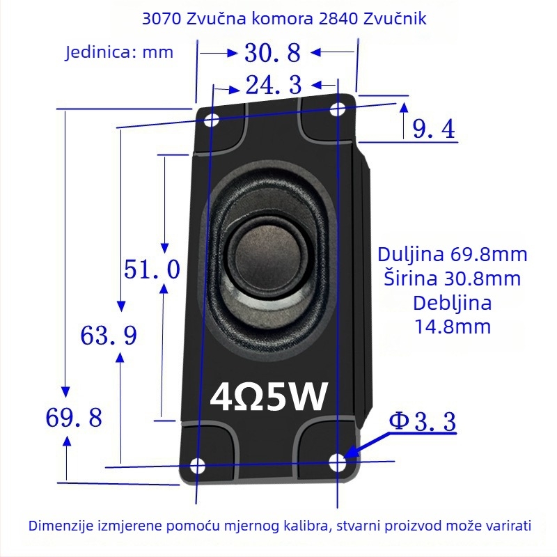 Pravokutno kućište zvučnika 3070, 4 Ω, 3 W, puni raspon, koaksijalni, 50-30000 Hz
