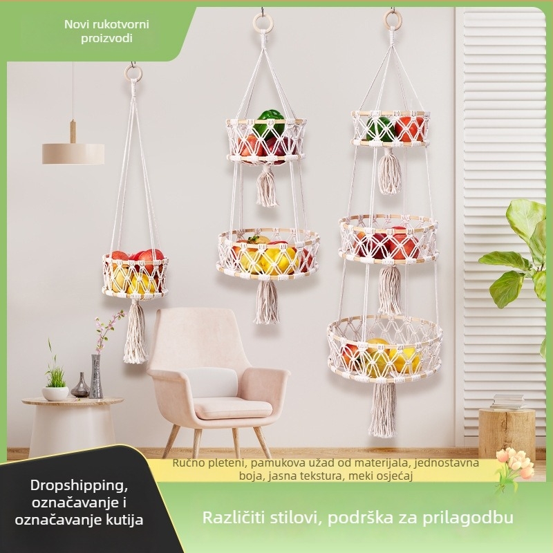 Ručni upleteni koš za pohranu od pamukog užeta sa bambusnim prstenom, višeslojna viseća košara za voće i povrće s resicama, boemski stil dekoracije