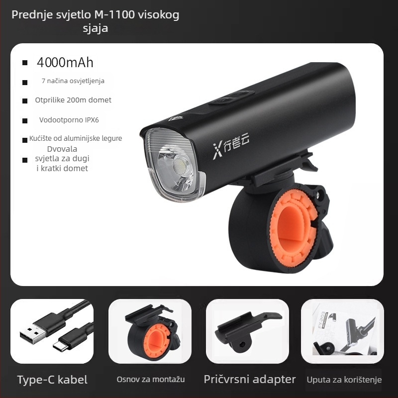 Svjetlo za bicikl od aluminijske legure, USB punjenje, vodootporno, za noćnu vožnju na planinskom biciklu