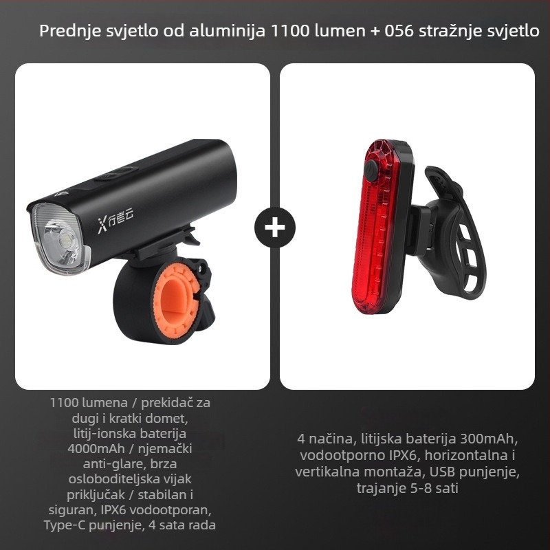 Svjetlo za bicikl od aluminijske legure, USB punjenje, vodootporno, za noćnu vožnju na planinskom biciklu