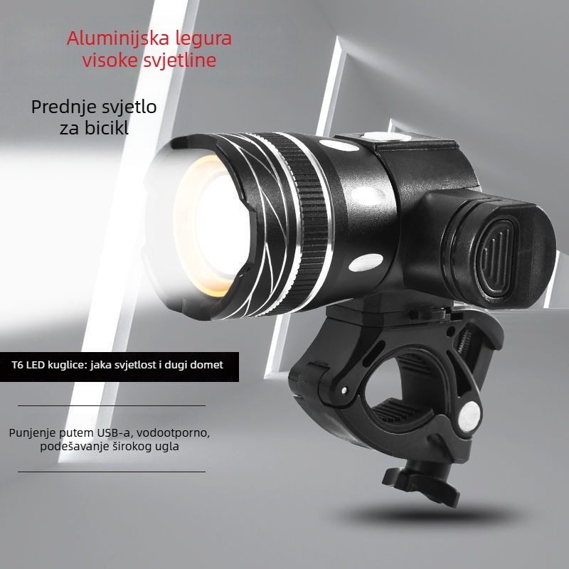 Prednja LED svjetiljka za bicikl T6, podesivi fokus, aluminijska legura, USB punjenje, dugi domet za vožnju biciklom