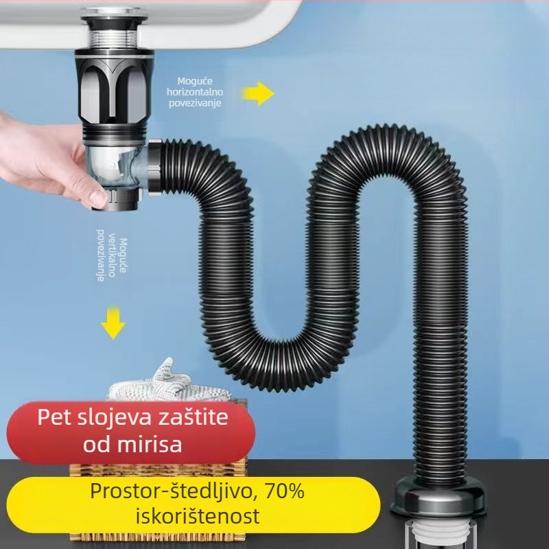 Set odvoda za kupaonski umivaonik s prevencijom mirisa, materijal ABS, oblik P-krivina (P-bend), tip flip, model Brushed horizontal row, marka Long Whale