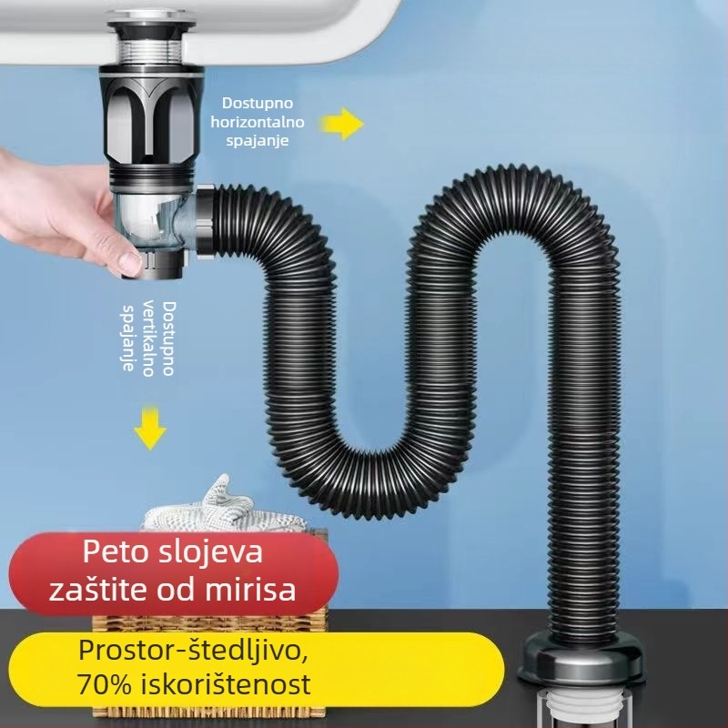 Set odvoda za kupaonski umivaonik s prevencijom mirisa, materijal ABS, oblik P-krivina (P-bend), tip flip, model Brushed horizontal row, marka Long Whale