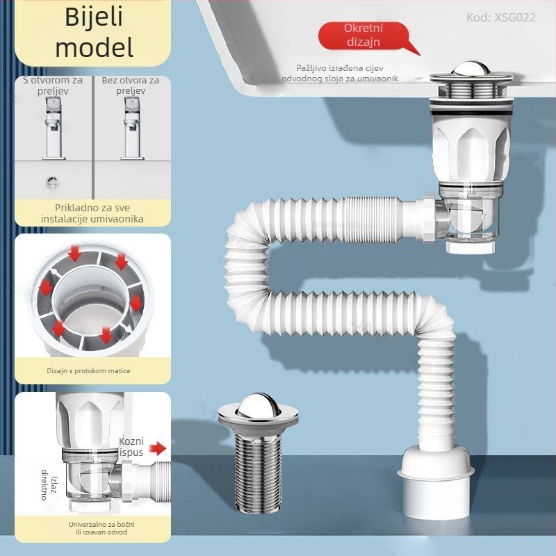 Set odvoda za umivaonik s anti mirisom | Model: Sewer pipe; Oblik: dvostruko vodeni tok; Tip: podizanje; Materijal: EVA; Šifra proizvoda: SCZ111