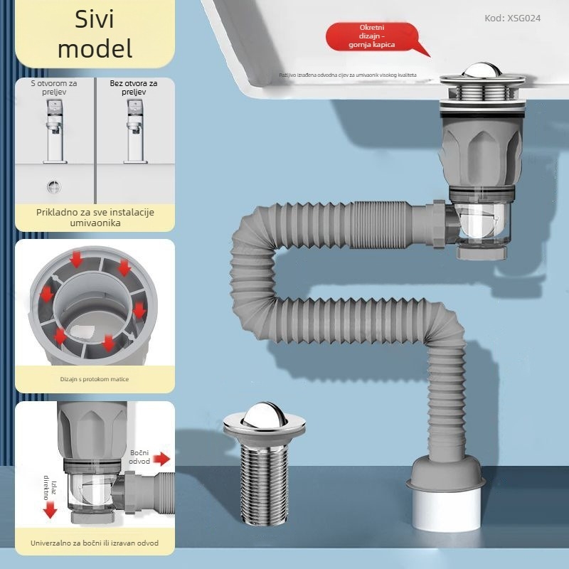 Set odvoda za umivaonik s anti mirisom | Model: Sewer pipe; Oblik: dvostruko vodeni tok; Tip: podizanje; Materijal: EVA; Šifra proizvoda: SCZ111