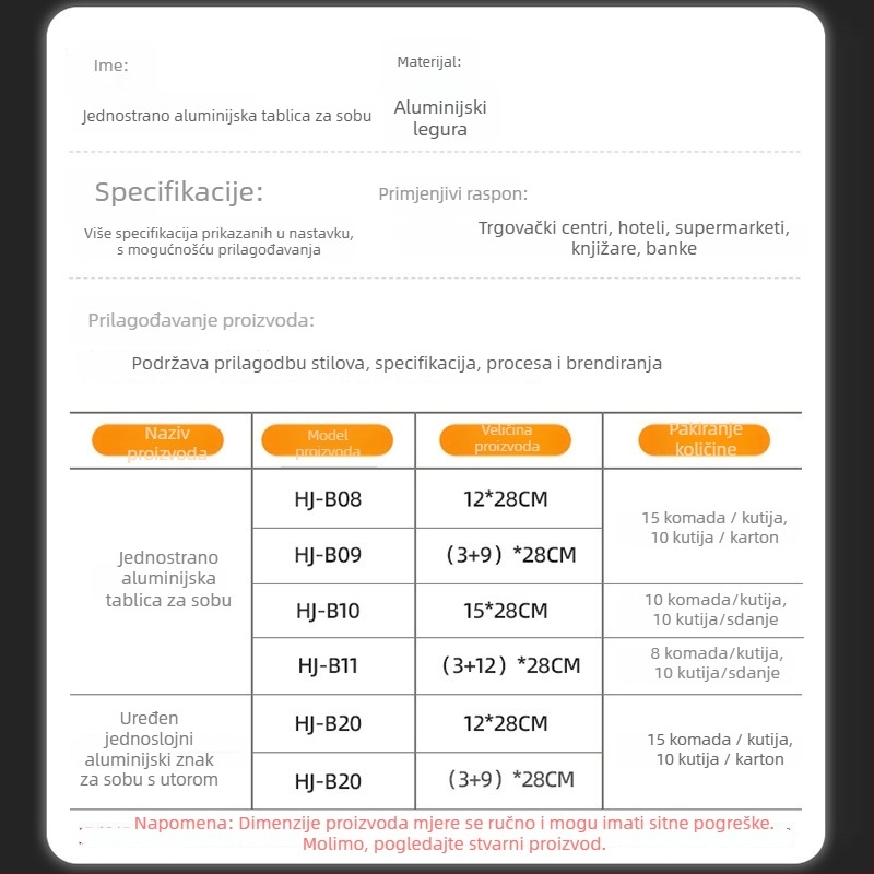 Jednostrana pločica od aluminijskog legura za odjel sa utorom; vodoravna i okomita prazna pločica za vrata