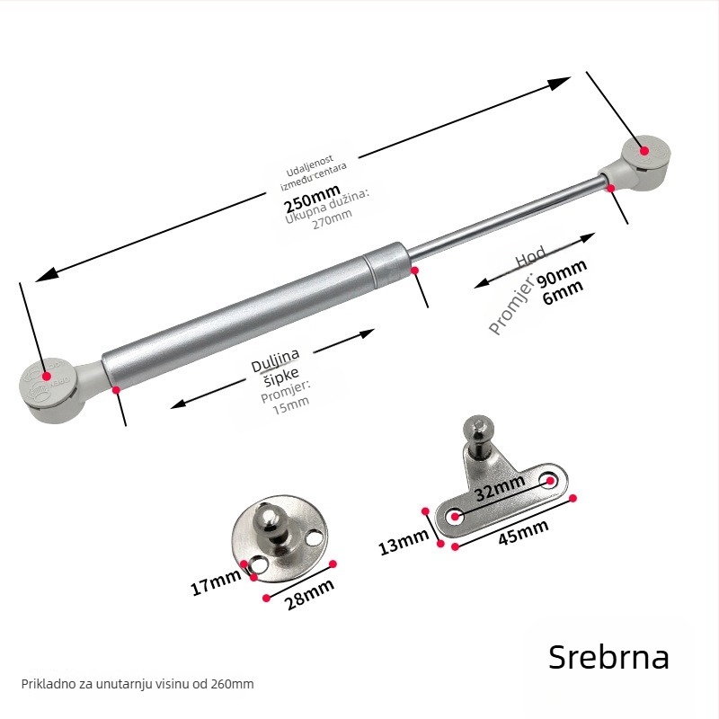 Gasna šipka za vrata s aluminijskim okvirom – kompaktna plinska šipka, snaga 60N/80N, sredina udaljenosti 145/160/270mm, pogodna za zidne ormariće, ormariće i knjižne police