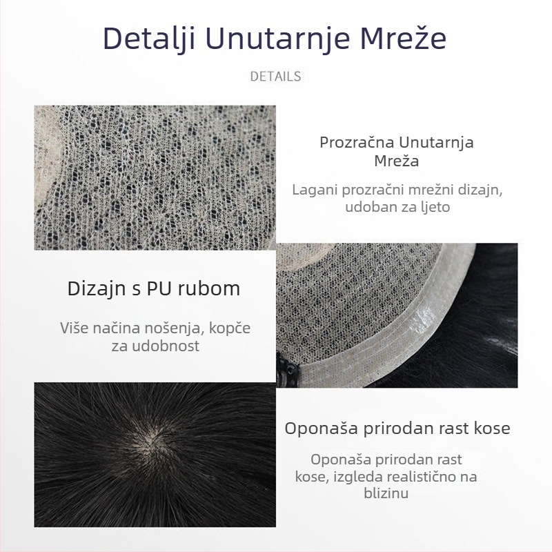 Muška paruka blok za vrh glave, strojno izrađena, ljudska kosa, može se kovrčati ili bojiti, pokriva ćelavost