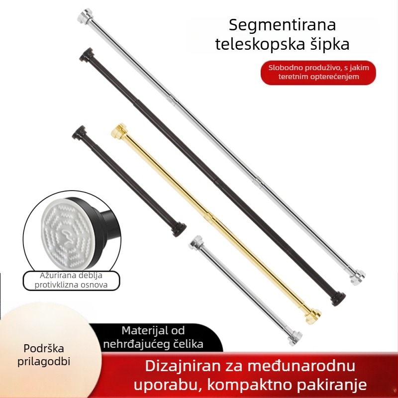 Teleskopna šipka od nehrđajućeg čelika za kupaonicu — bez bušenja, podesiva, za zavjese za tuširanje, vrata i ormar; moderan minimalistički stil