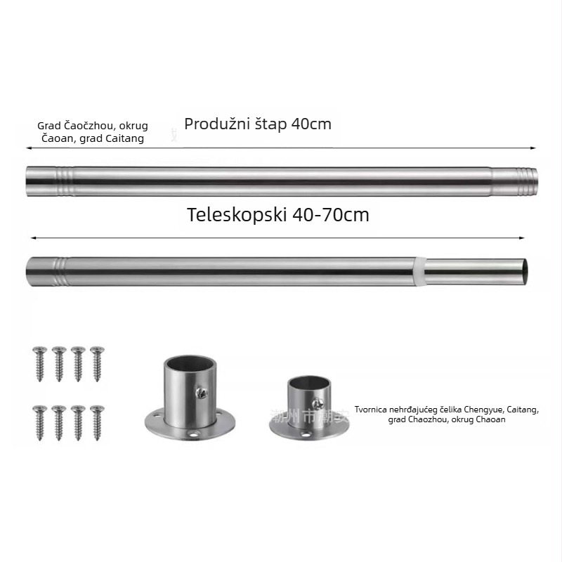 Teleskopna šipka od nehrđajućeg čelika za kupaonicu — bez bušenja, podesiva, za zavjese za tuširanje, vrata i ormar; moderan minimalistički stil