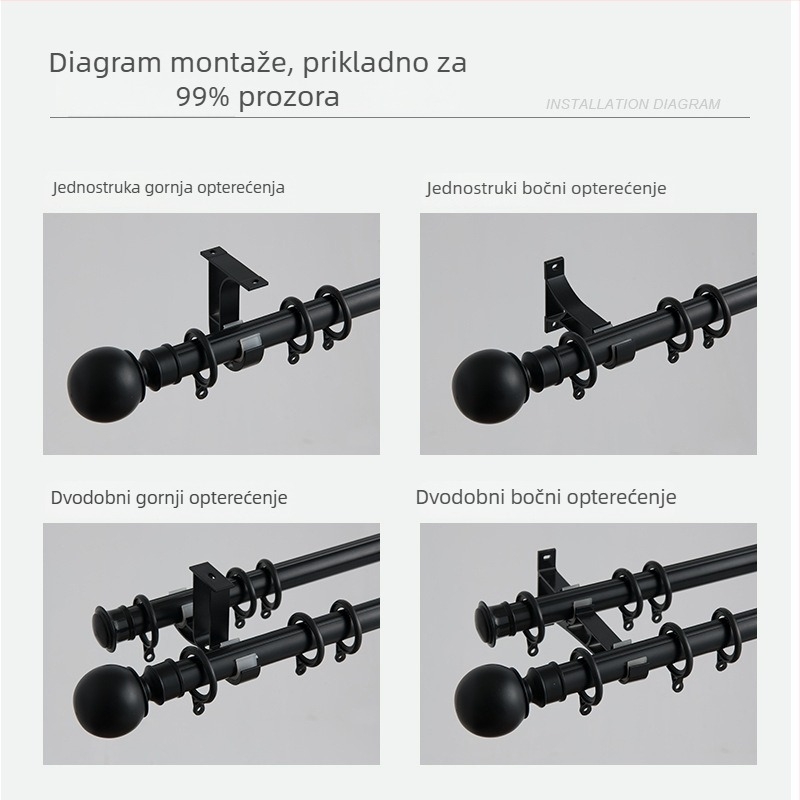 Ekstra debela aluminijska teleskopska zavjesna šipka — montaža bez bušenja, gornja ili bočna, jednostruka ili dvostruka šipka