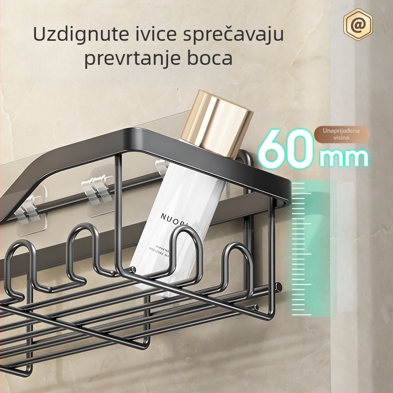 Kupaonski zidni regaľ za skladištenje – bez bušenja, petkomplet, karbonsko čelno, završni premaz pečenom premazom, nosivost 5 kg