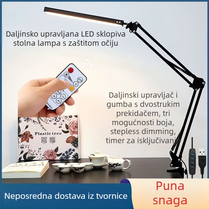 LED stolna lampa s dugim ramenom i sklopnim dizajnom za učenje i dom – zaštita očiju, daljinski upravljač, USB napajanje, metalno sjenilo, CRI ≥90