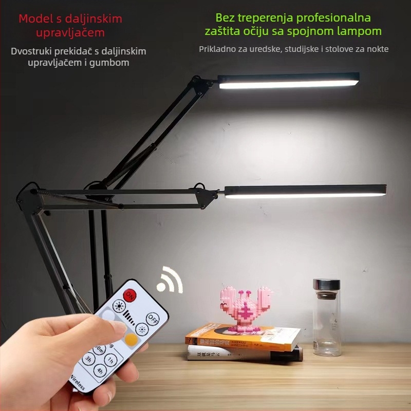 LED stolna lampa s dugim ramenom i sklopnim dizajnom za učenje i dom – zaštita očiju, daljinski upravljač, USB napajanje, metalno sjenilo, CRI ≥90