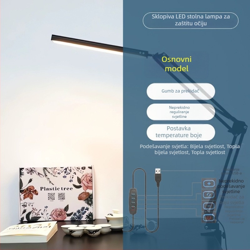 LED stolna lampa s dugim ramenom i sklopnim dizajnom za učenje i dom – zaštita očiju, daljinski upravljač, USB napajanje, metalno sjenilo, CRI ≥90